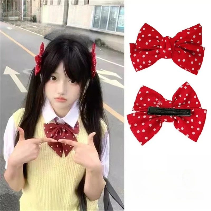 Ponytail Clip Bows Hairpin Cute Jk Girl Hairpin Korean Vitality Red Polka Dot Back of Head Top Clip