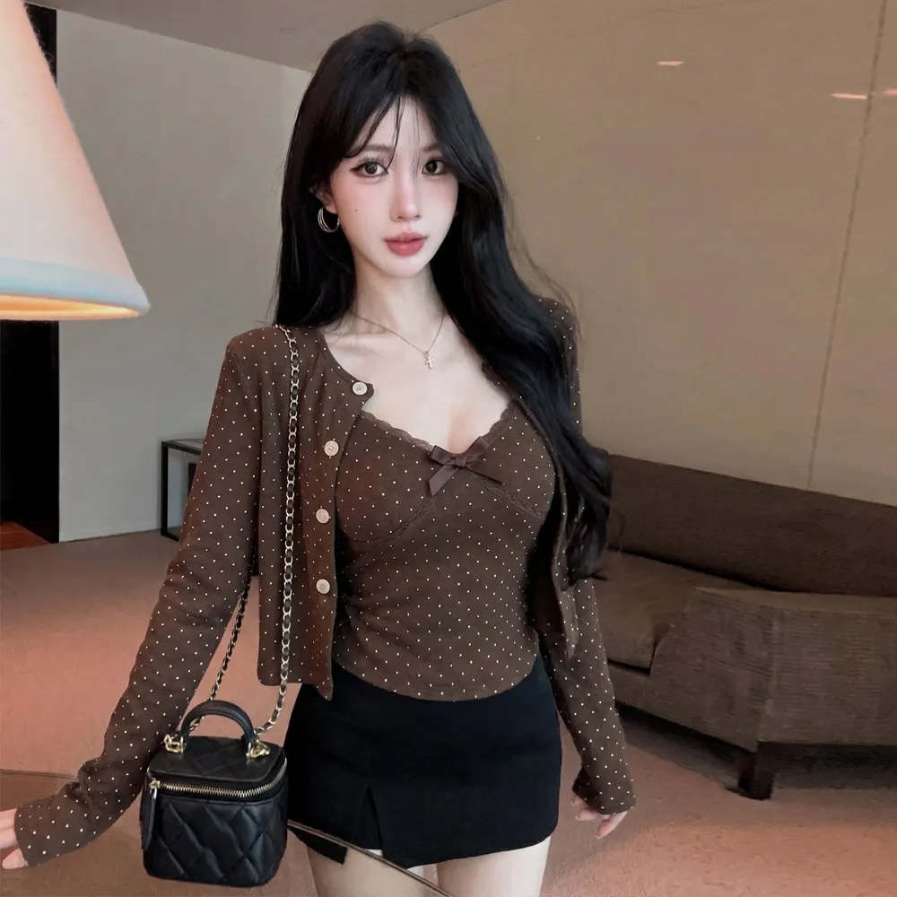 Thickened Polka Dot Print  Knot Low Chest V-neck Sexy Long Sleeve Wrap Cardigan Top Two-piece Set Women's Fashion