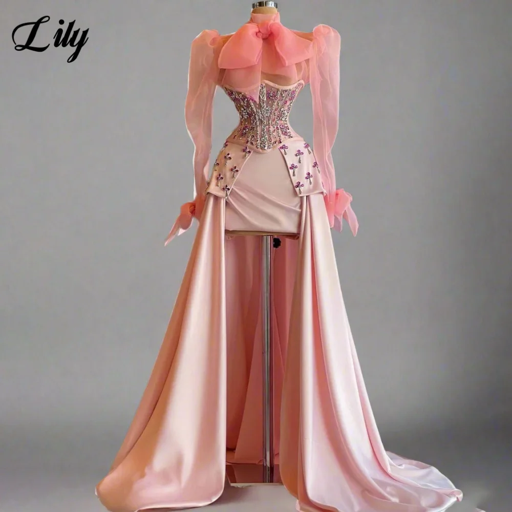 فستان حفلات وردي من الزنبق بأكمام عادية فستان سهرة بكريستال فساتين شهرة بفيونكة من الساتان على شكل حرف a مزين حسب الطلب #1