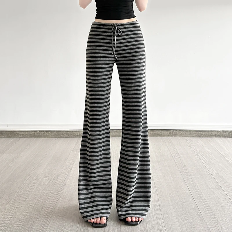 Casual Striped Bandage Wide Leg Pants Basic Loose Mid-Waisted Pants Women 2025 Autumn Spring Fashion Streetwear Homewear Ladies