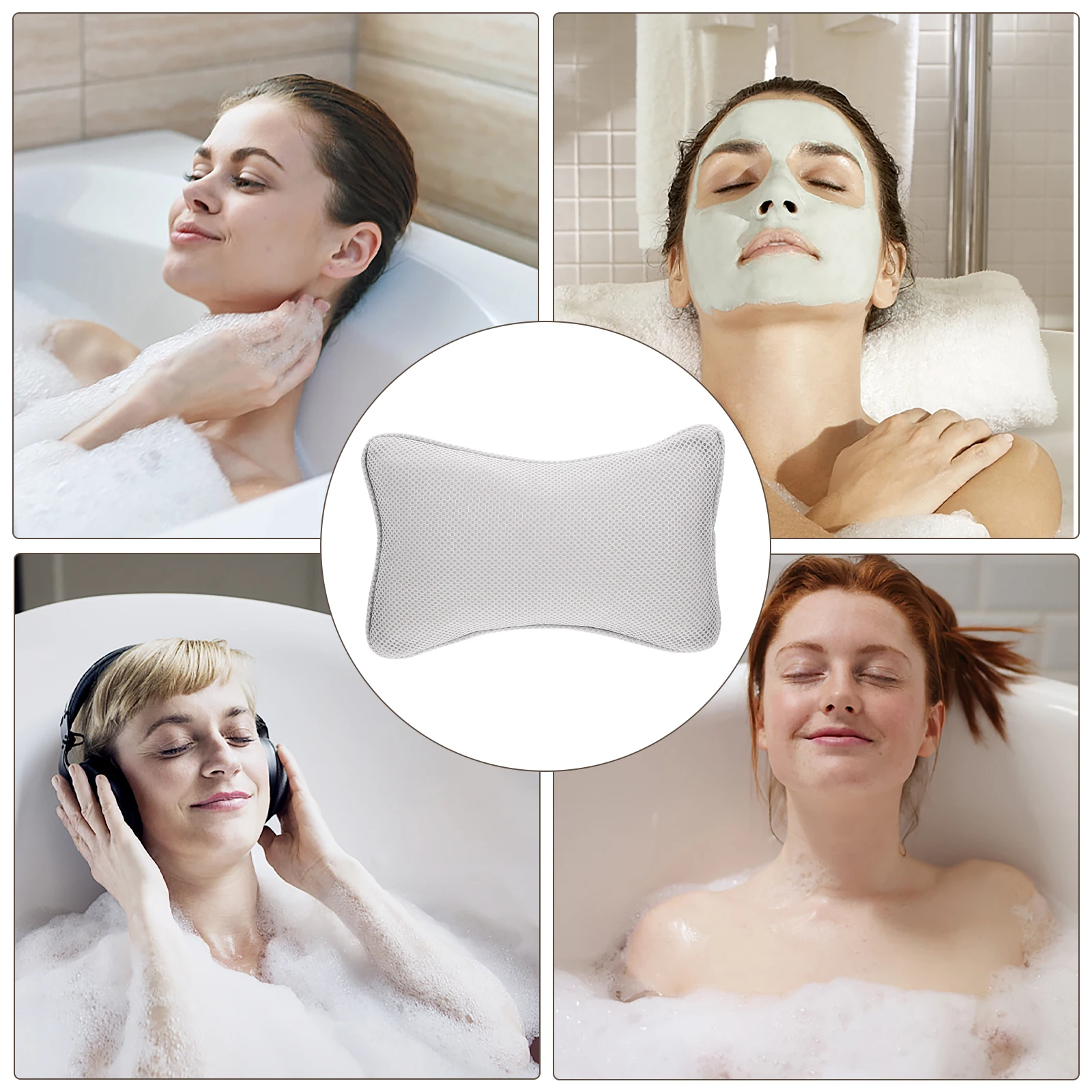 

1Pcs Bathtub Pillow with Extra Large Suction Cups Non-Slip Spa Bath Head Rest Neck Support for All Tub Types Grey