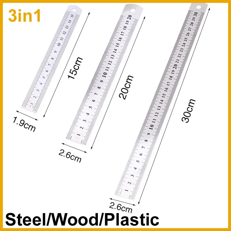

New 2026 15/20/30cm Plastic Ruler Stainless Steel Wood Simple Straight Portable Tool Cute for Student School Office Stationery