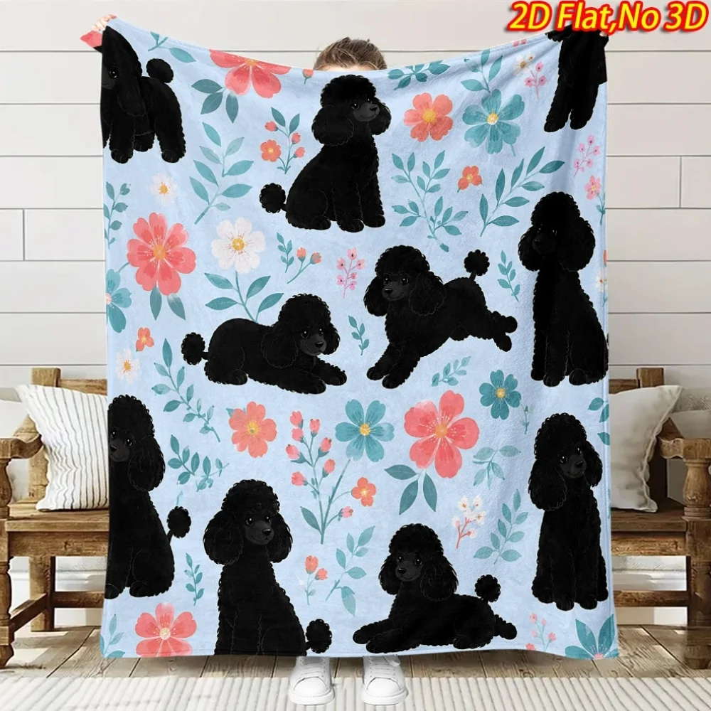 1pc 2D Flat Printing Spring And Summer New Arrival Black Poodle And Floral Theme Digital Print Blanket, All-Season Use, Casual T