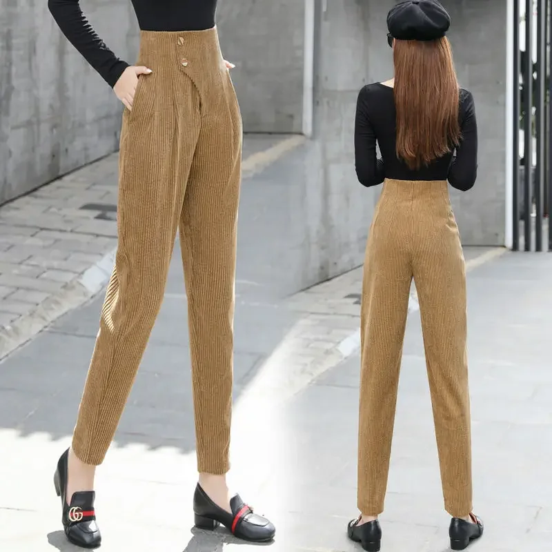 المألوف عالية الخصر هارلان المرأة أقدام صغيرة الجزرة السراويل فروي سروال قصير مزاجه تنوعا الخريف الشتاء