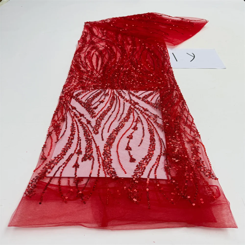 

Luxury African Lace Fabric High Quality Sequins Beads Lace Fabrics For Nigerian Wedding French Tulle Lace Fabric 1 Yards