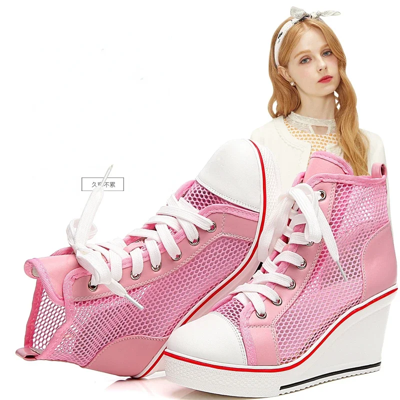 2024  Wedge Heel 8cm Height Increasing Net Shoes Thick Bottom Sandals Women\'s Casual Lace-up Shoes High-top Hollow Women\'s Shoes