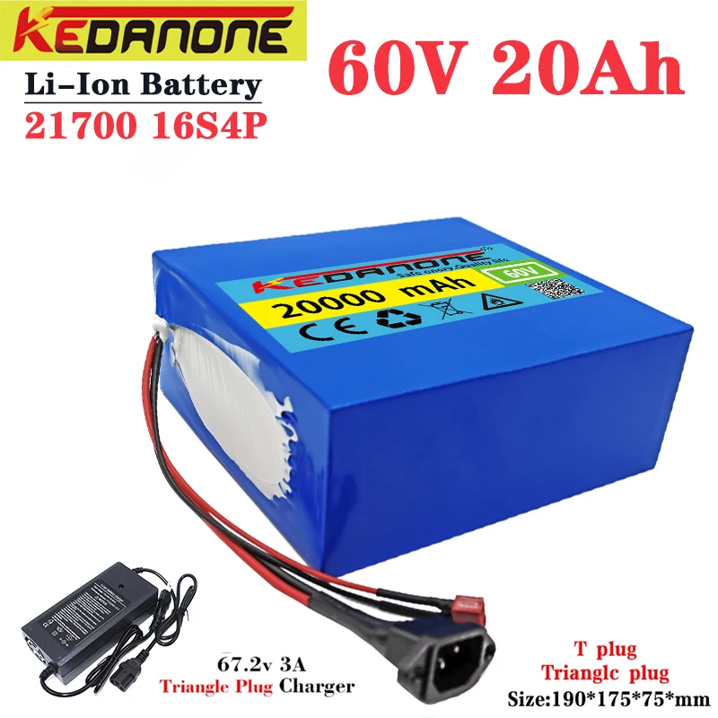 

New 60V 20Ah 21700 Lithium Battery Pack 16S4P 1000W-3000W Electric Bike Motorcycle Scooter Battery +67.2V 3A Charger