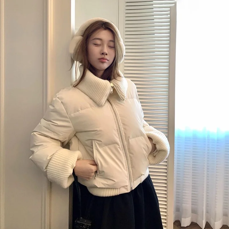 Casual Simple Parkas Women Fashion Knitted Patchwork Turn Down Collar Warm Coats Winter Loose All Match Zipper Outwear Tops New