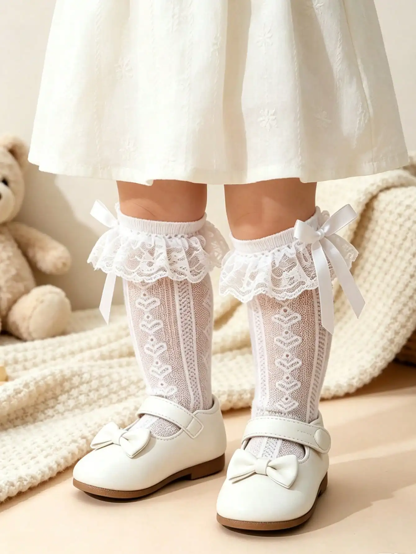 1Pair Lace Ruffle Bow Fishnet Baby Girls Knee High Socks Summer Hollow Breathable Princess Infant Dress Matching Calf Stockings