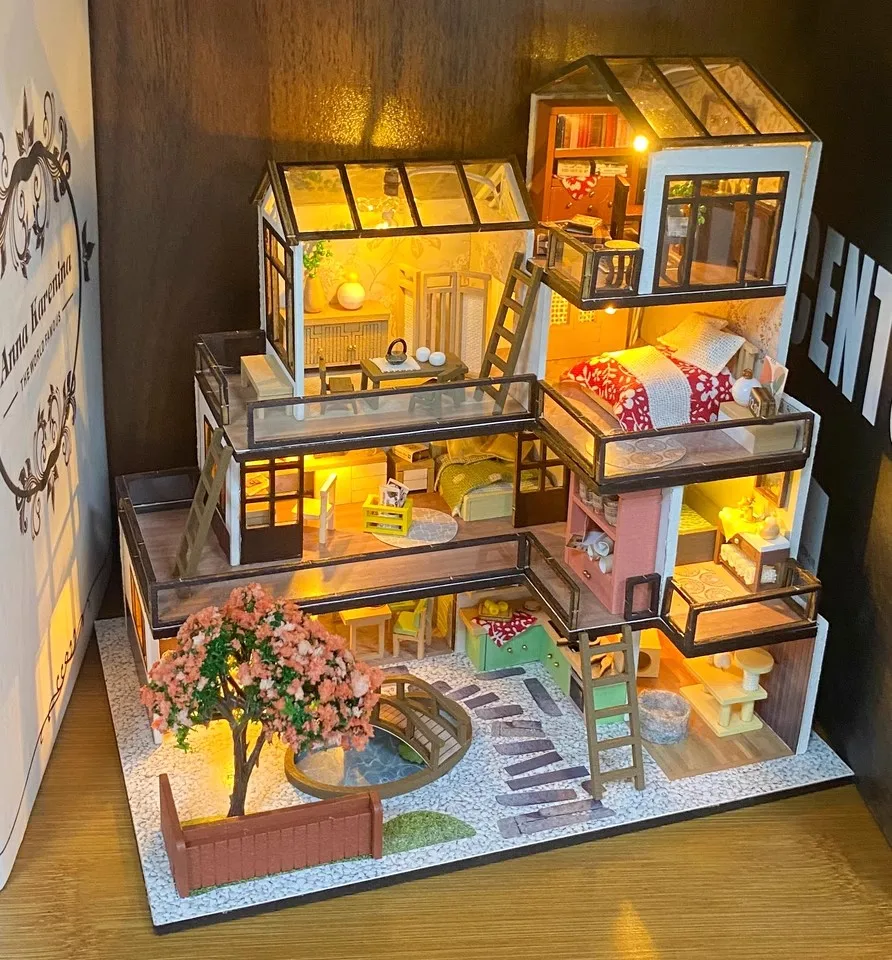 NOWOŚĆ DIY Drewniany zestaw miniaturowych modeli Dream Town Casa Domy dla lalek 3D Puzzle Domek dla lalek z meblami dla przyjaciół Prezenty świąteczne