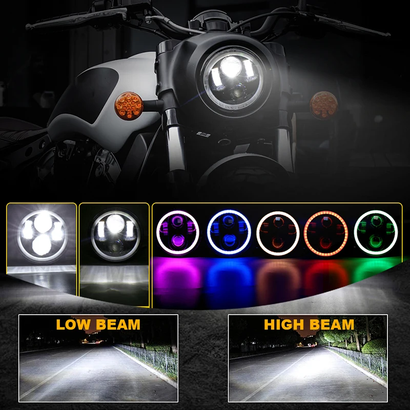 5.75'' Motorcycle LED Headlight RGB Halo Ring Ange-eyes Projector Headlamp For Harley Davidson/Dyna/Sportster XL 883/1200/FLSTS