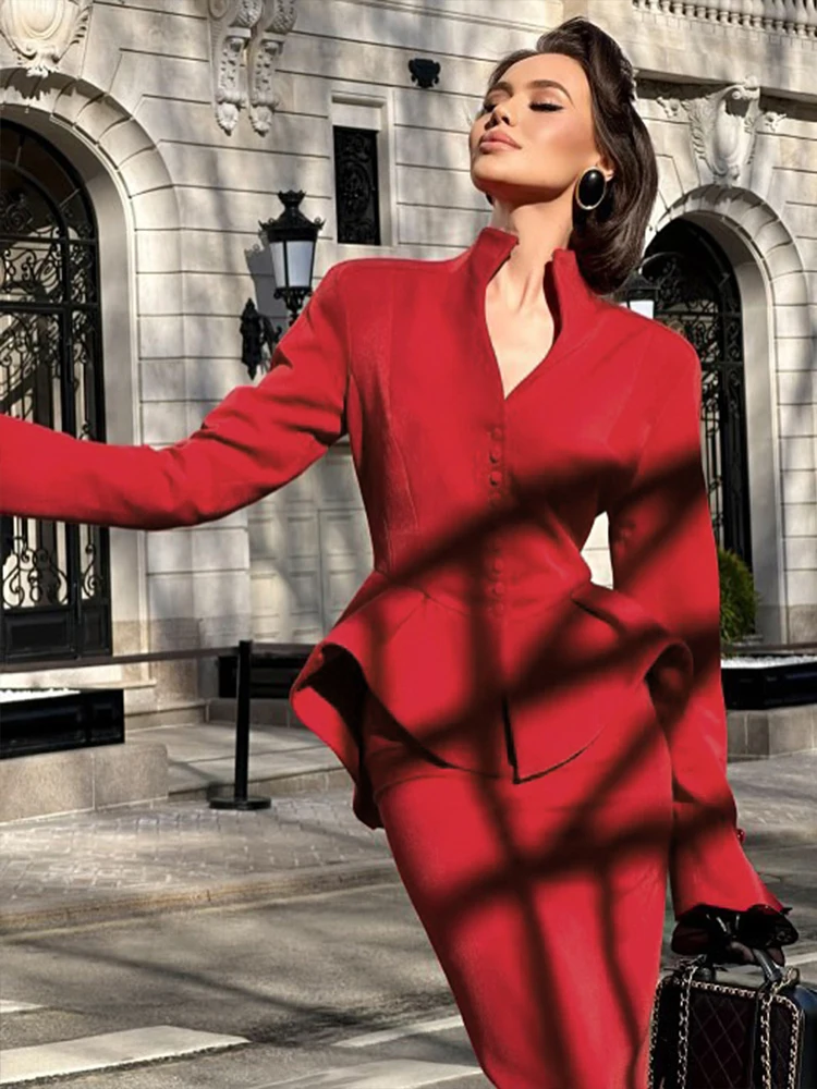 

InGrily Autumn Office 2Piece Set Women Ruffle Irregular Single Breasted Full Sleeve Stand Collar Tops+Midi Wrap Hip Skirts Suits