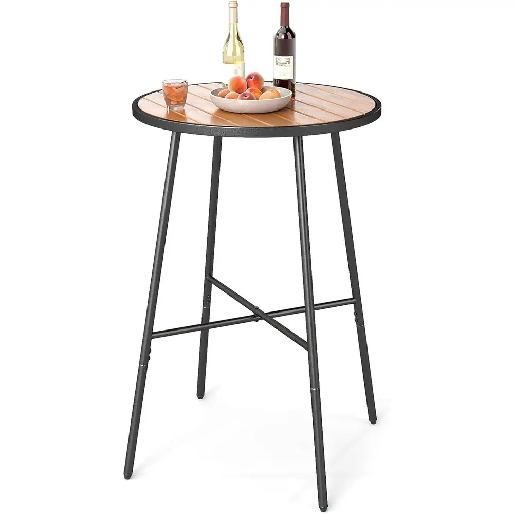 41 Bar Height Acacia Wood Patio Round Table with Metal Base for Outdoor Dining