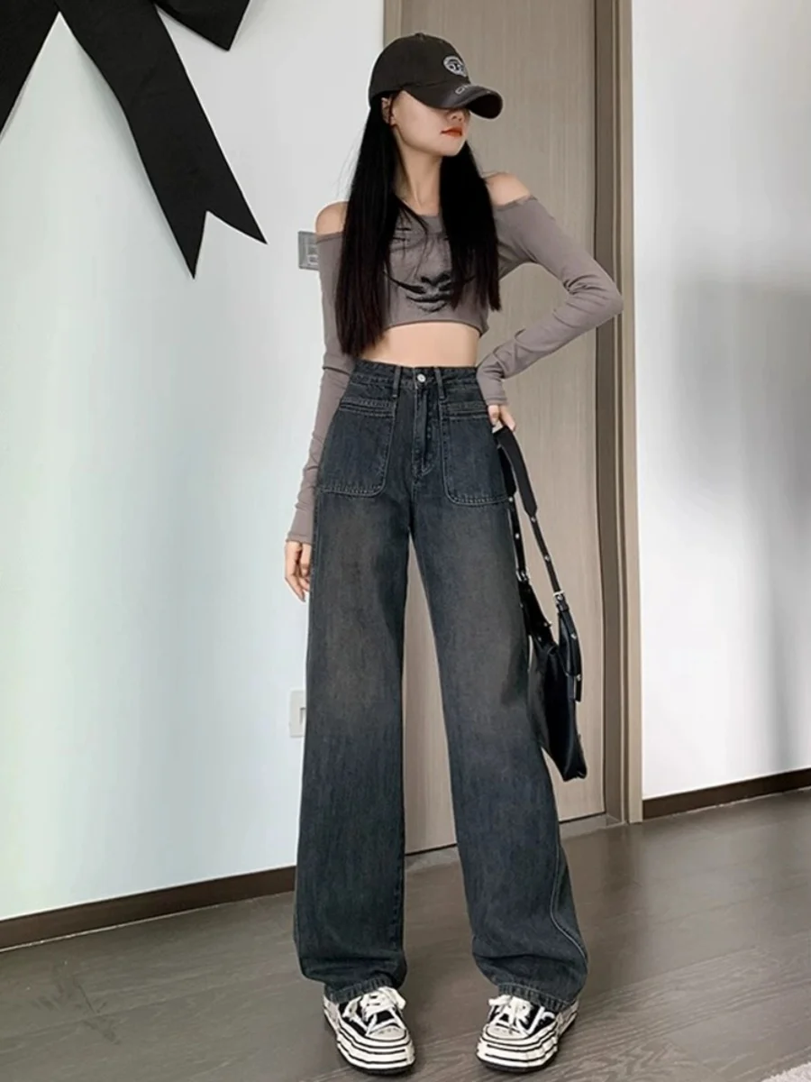 Vaqueros vaqueros de pierna ancha de cintura alta para mujer otoño nuevo suelto recto drapeado hasta el suelo versión cónica Casual clásico azul