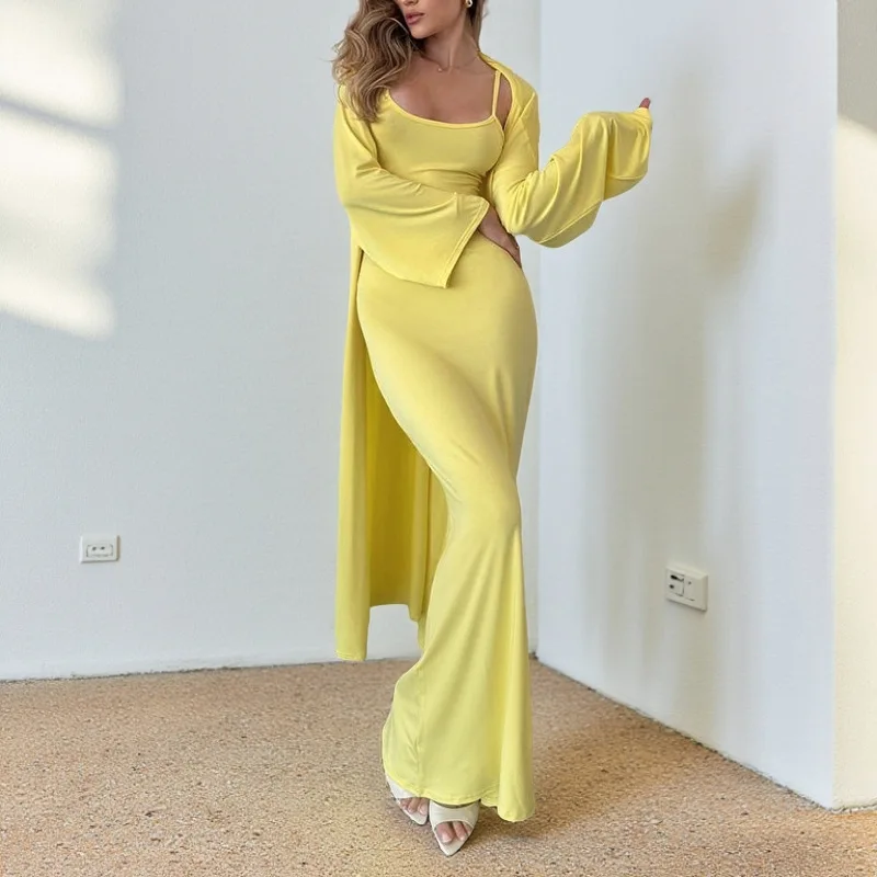 XY25373PFO ストラップ エレガント セクシー ボディコン ドレス ツーピース スリーブ ロング ブラウス セット