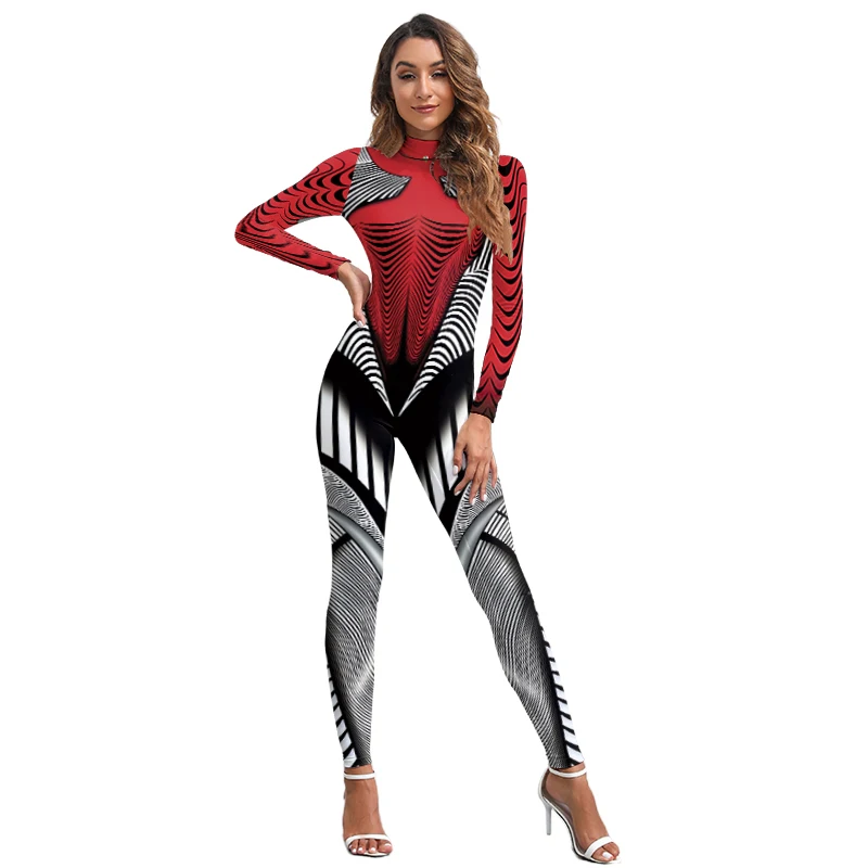 

Women Abstract Lines Bodysuits Long Sleeve Spandex Zentai Suit Halloween Party Cosplay Costumes Carnival Festival Sexy Jumpsuit