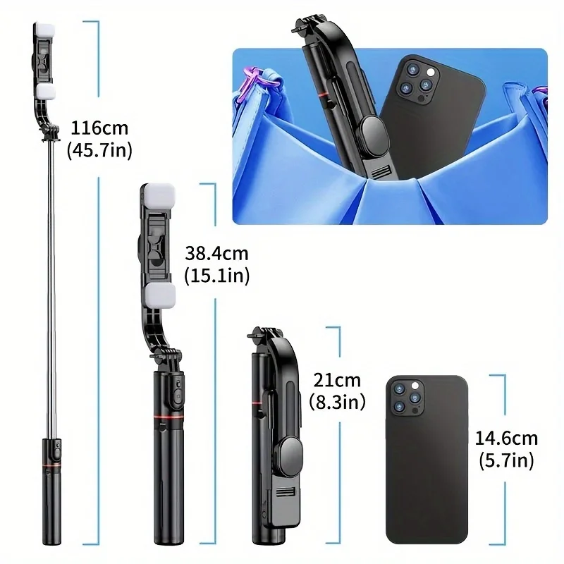 Tongkat selfie nirkabel seluler, penstabil genggam, dudukan streaming langsung berdiri di lantai, tripod, tongkat selfie universal