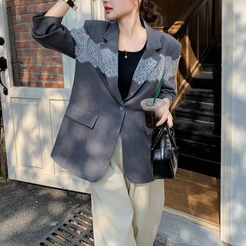 Lace Patchwork Blazer Mujer Korean Fashion Loose Vintage Women Blazers Versatile Elegant Sweet Chaqueta Mujer