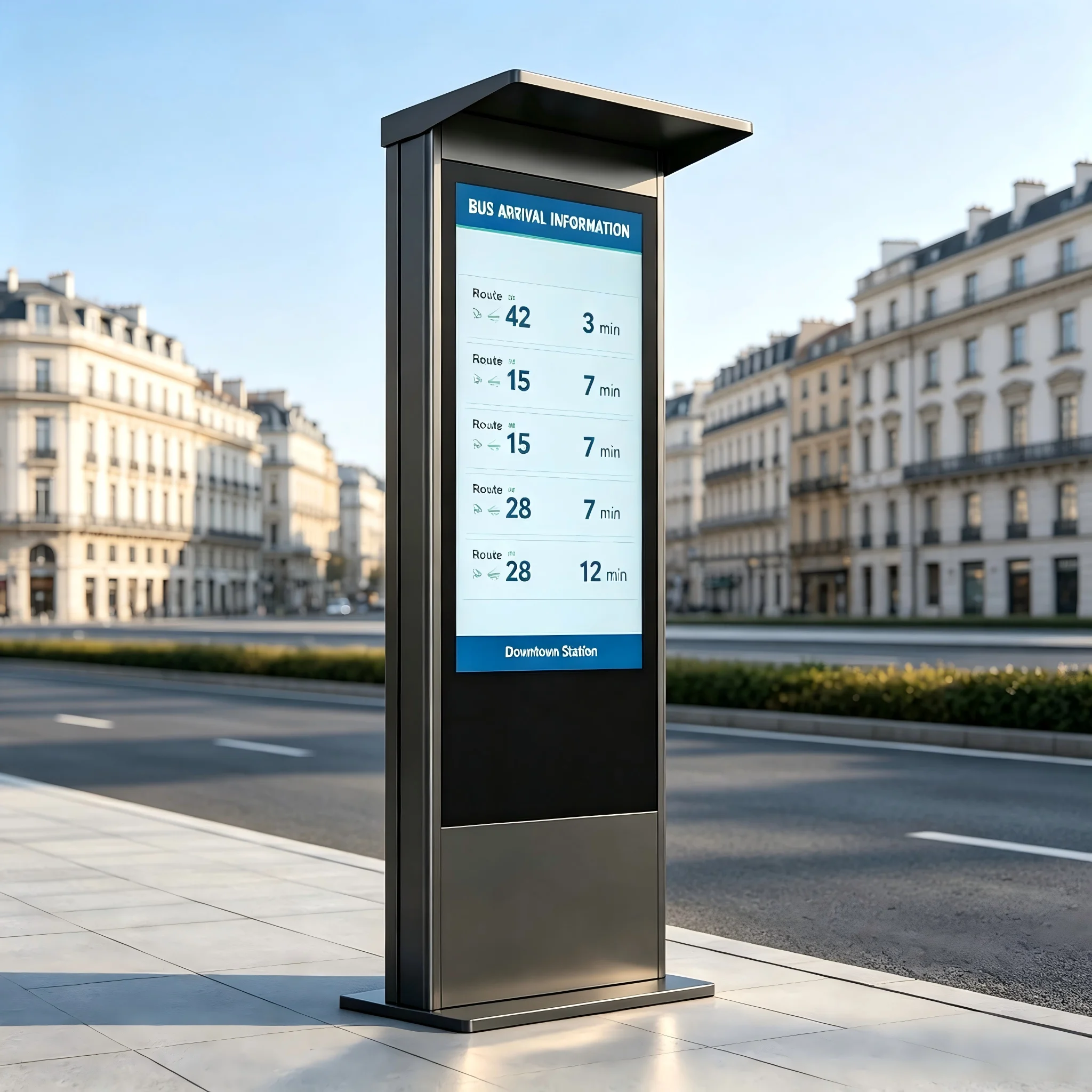Smart Bus Shelter Digital Advertising Kiosk Black Frame Outdoor HD LCD Display with Sunshade CCTV IP65 Weatherproof
