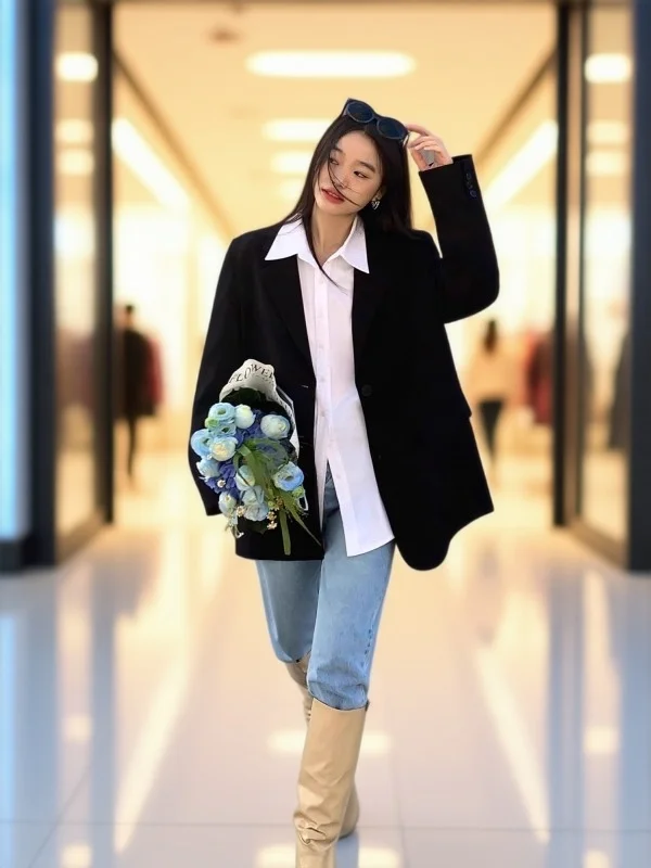 秋の婦人服高品質レディースブレザー袖付きフレンチブラックギフトブレザー女性トレンドオールマッチノッチカラー