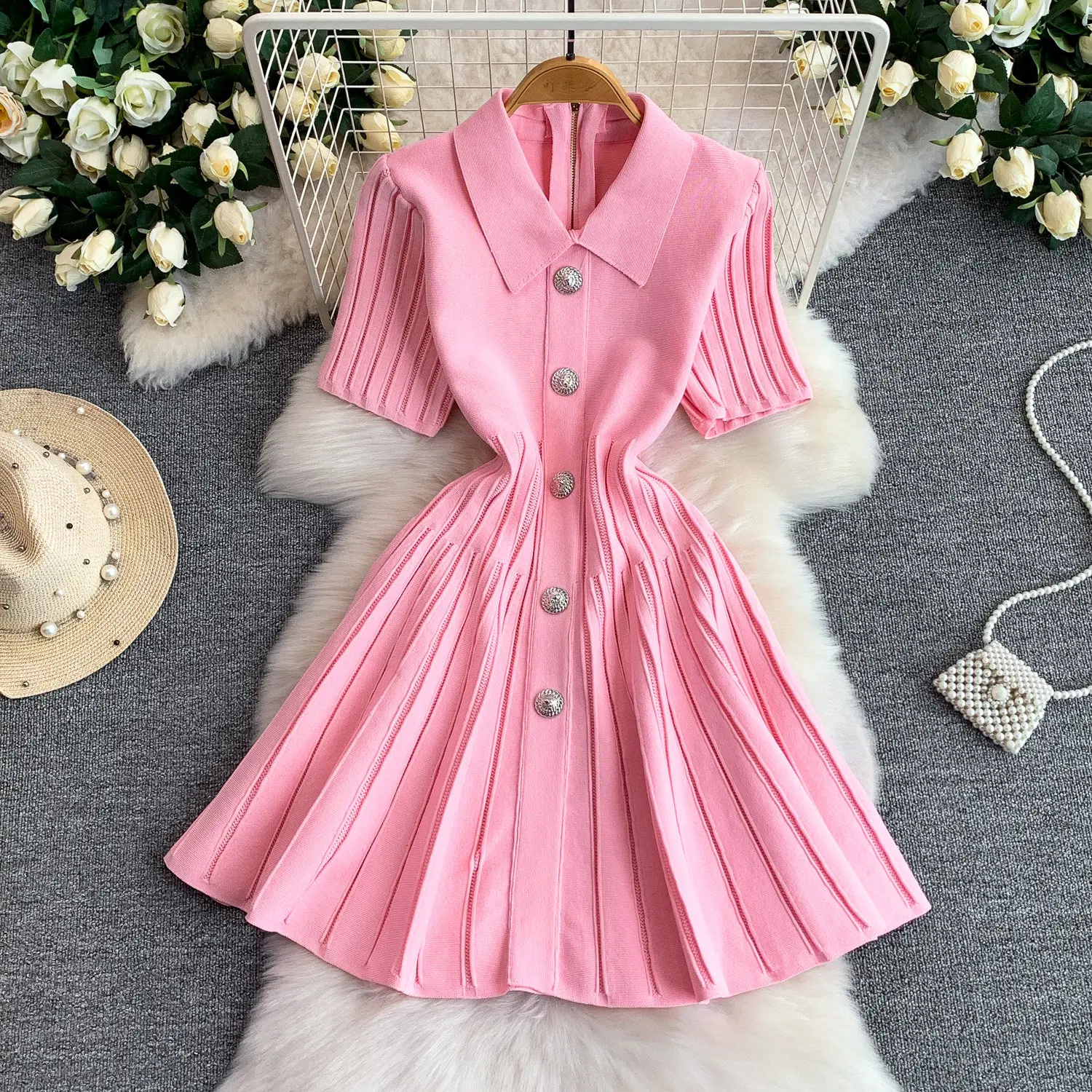 Vestido de Verano REALEFT Elegante Plisado de Punto para Mujer, Corte A, Manga Corta, Color Liso, Cierre de Botón, Estilo Skater, Novedad 2026