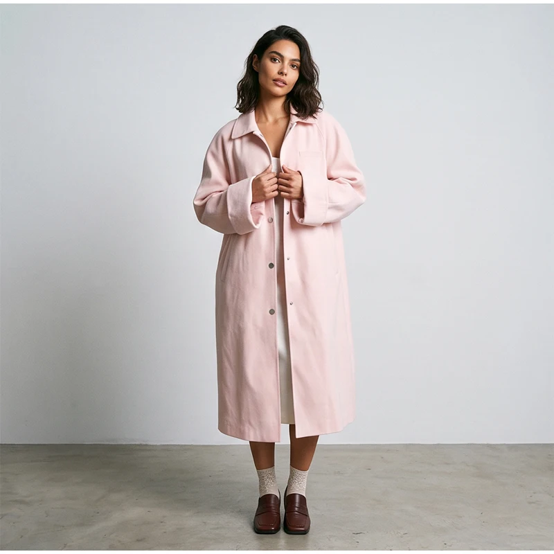 Blush Pink Oversized Long Shirt Coat Women Lapel Collar Snap Button Side Slit Midi Loose Minimalist Spring Commuter Outerwear