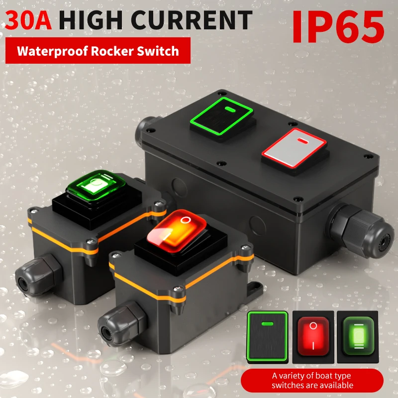 FILN 30A Waterproof inline Switch IP66 Sealed Outdoor Auto/Boat/Marine Rocker Switch LED Box & Inline Cord 12 24V 110V 220V