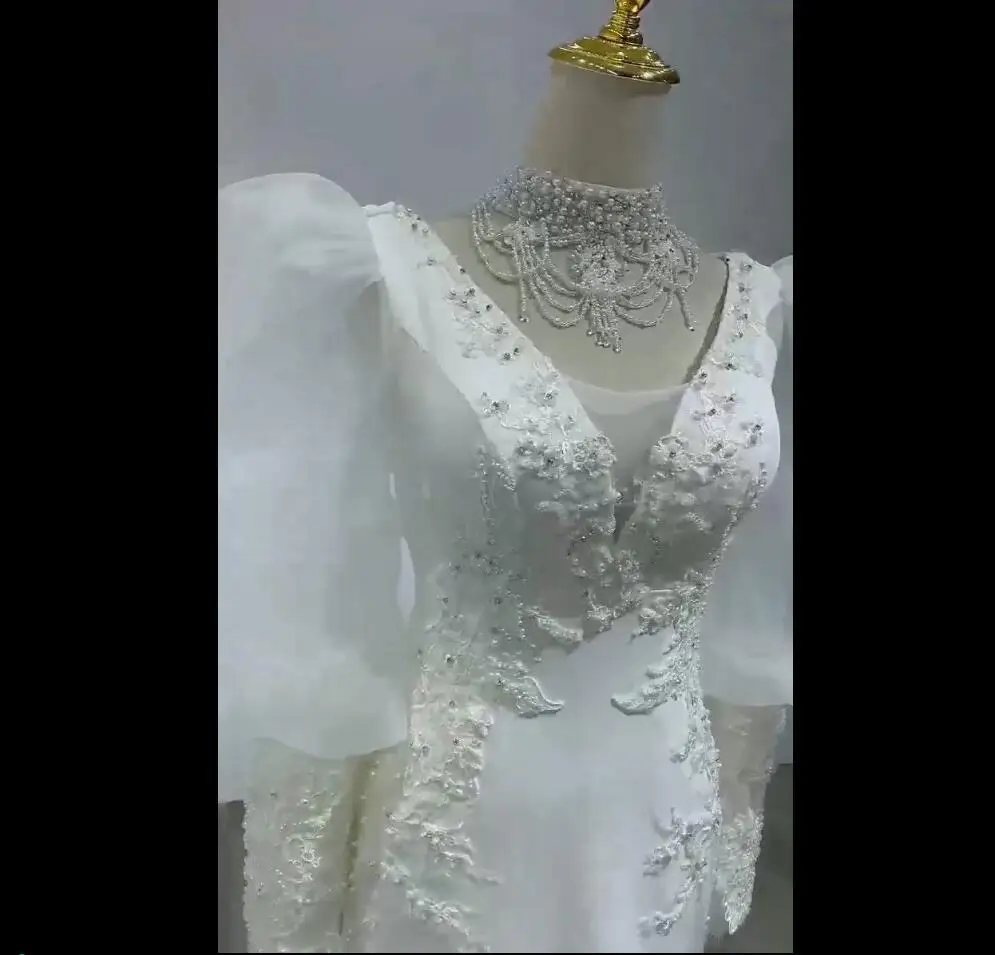 Vestido de novia de sirena de lujo, collar de perlas, cuello abombado, manga larga, vestidos de novia hechos a medida