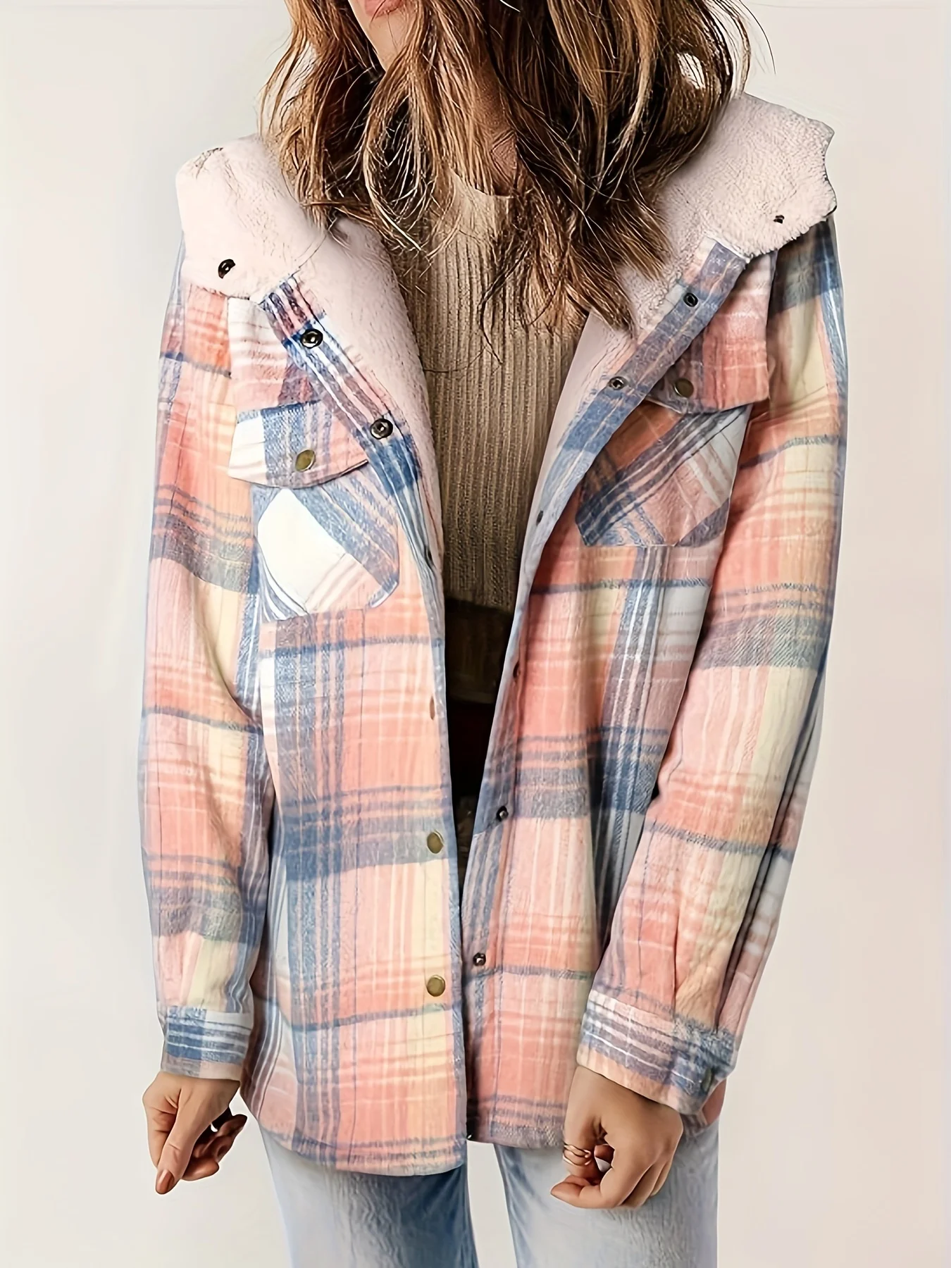 Women's Plaid Flannel Shacket, Cozy Pink & Blue Plaid Flannel Jacket with Fleece Lining, Button-Down Long Sleeve Outerwear