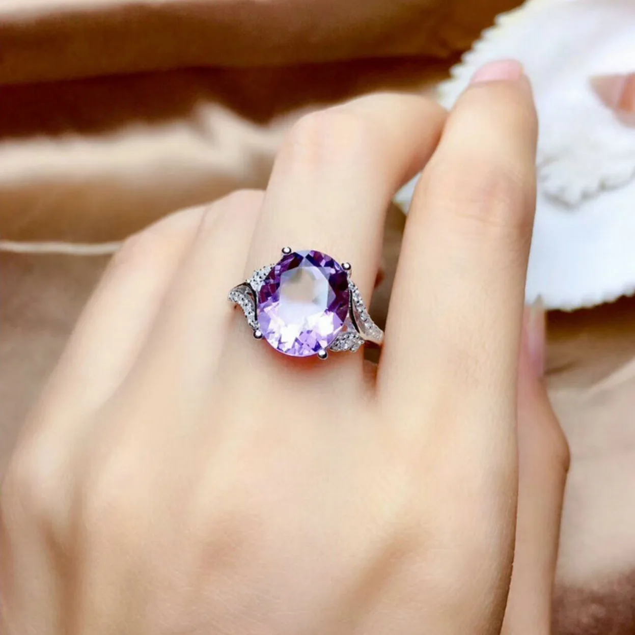Oval Imitation Purple Crystal Ladies Open Adjustable Size Rings Women Full Zircon Sparkling Light Amethyst Silver Color Ring