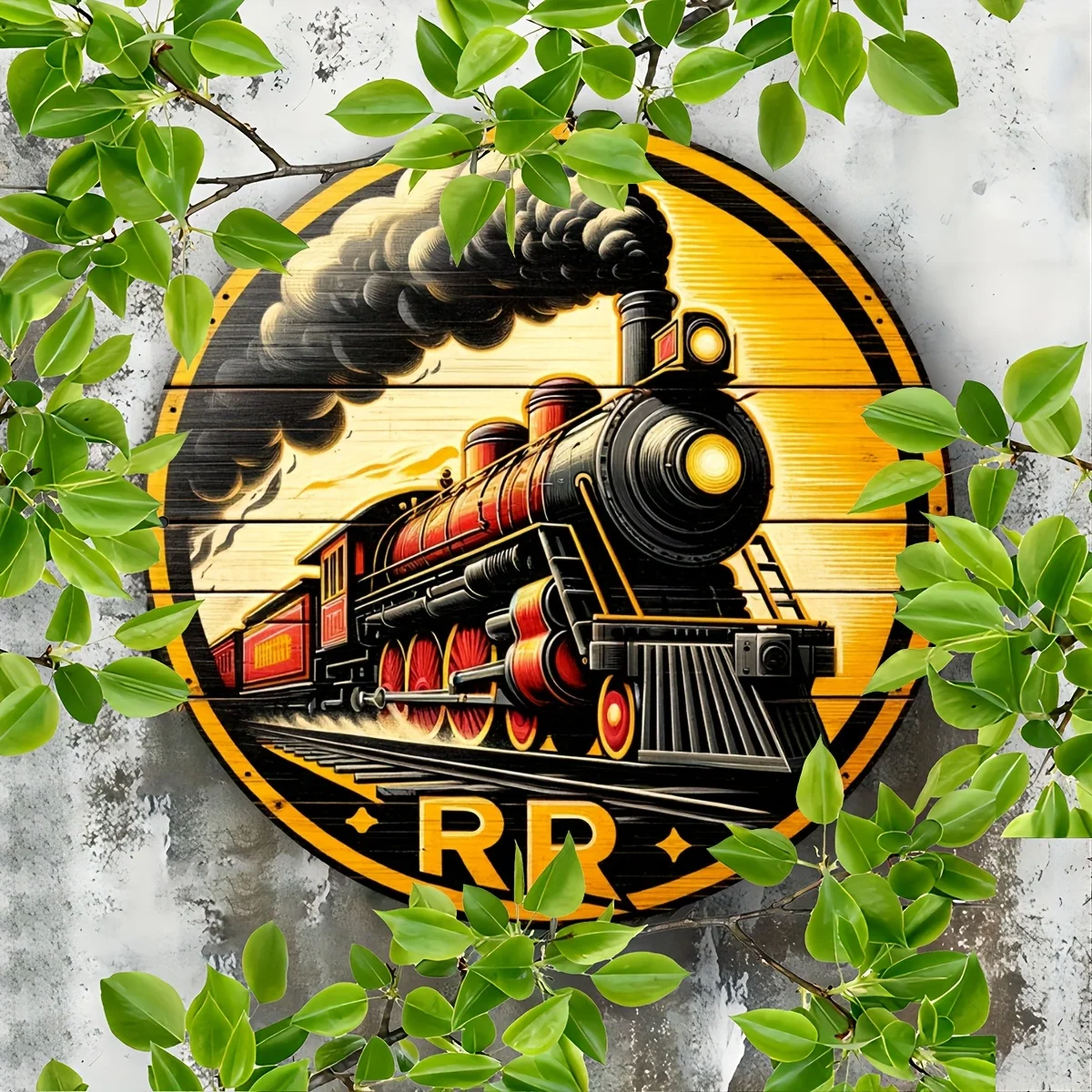1pc 2D Flat Round Metal Tin Sign 20x20 Inch Vintage Steam Train RR Print, Man Cave Garage Collector Bar Home Wall Decor