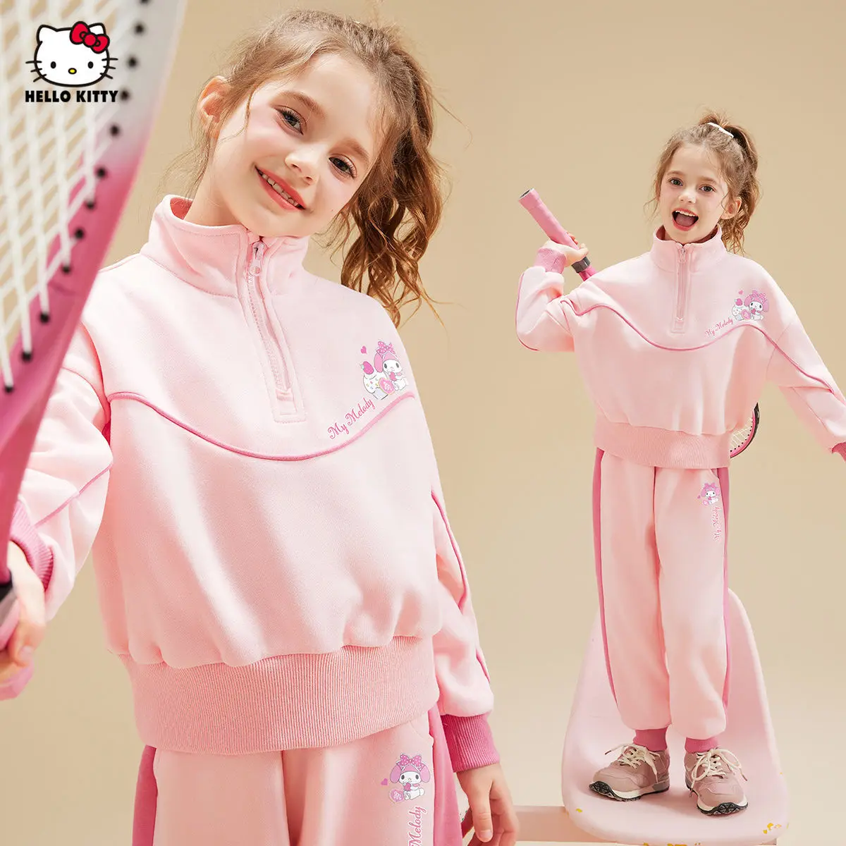 

Cartoon Sanrio Hello Kitty Girls Sweatshirt Set Spring Autumn New Pullover Sports Jacket Kawaii Casual Suit Children's Clothing