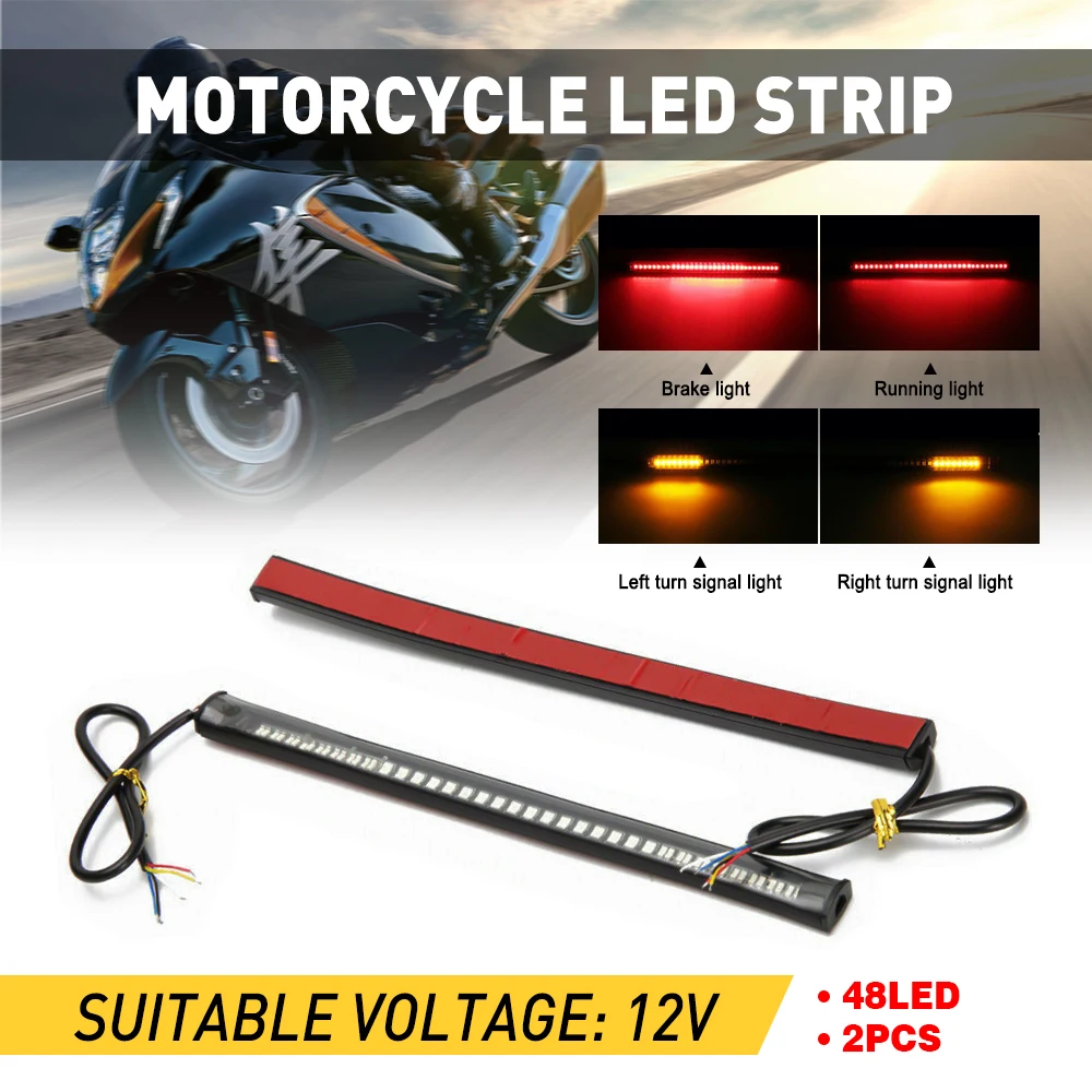 

2Pcs Flexible Motorcycle LED Strip 48LED Brake Stop Turn Signals Running Steering License Plate Tail Light 12V Red and Amber