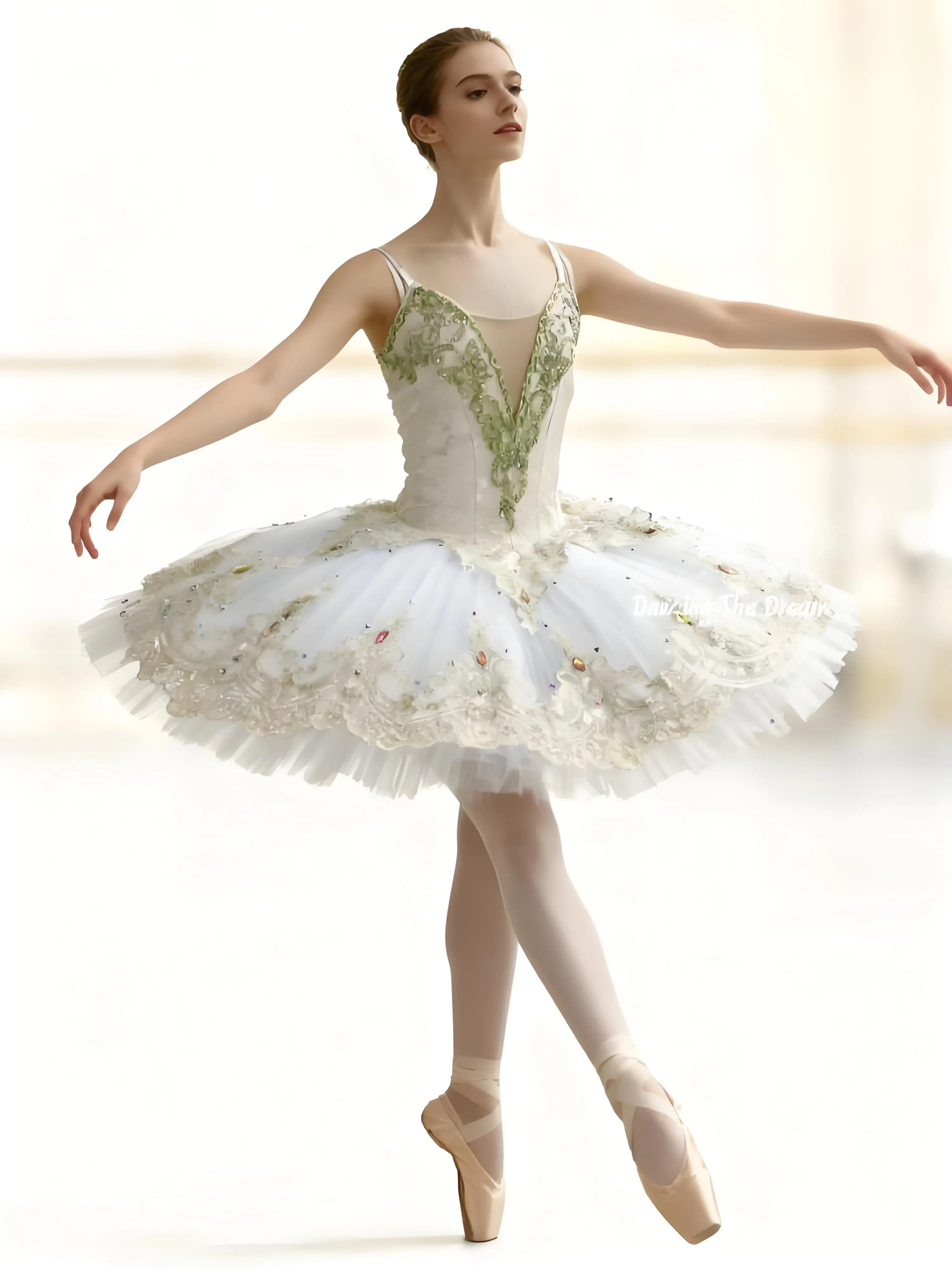 

White Ballet Dress with Intricate Lace Detailing Luxury Lace-Trimmed White Ballet Dress