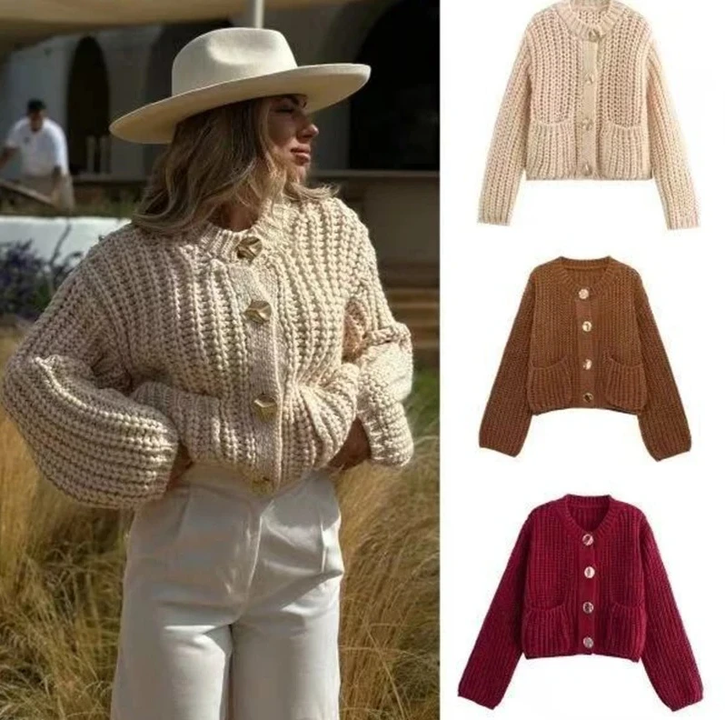 

Autumn Winter Knitted Cardigans Female Casual Button Pocket Long Sleeve Sweater Lady Fashion Loose Cardigans Coats