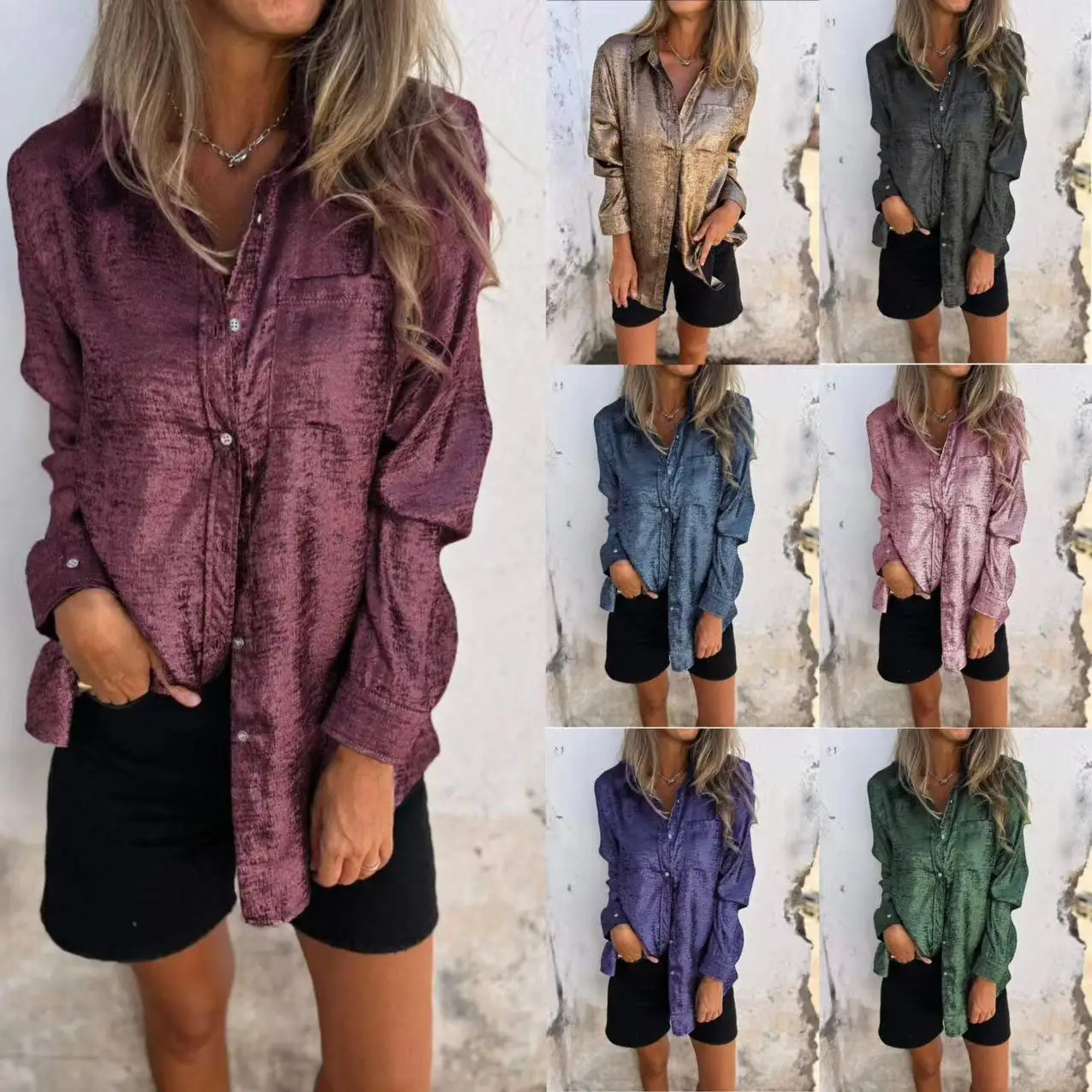 

Женская замшевая рубашка с воротником, длинными рукавами и градиентным узором, устойчивая к деформации, зимняя модная женская рубашка