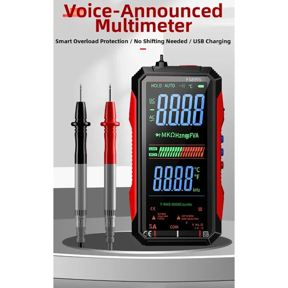 FS899C Wiederaufladbares 4,8-Zoll-Großbildschirm mit 6000 Zählungen, intelligentes Digitalmultimeter, automatische Bereichswahl, Kapazität, Ohm, Hz, Diode, Live-Check