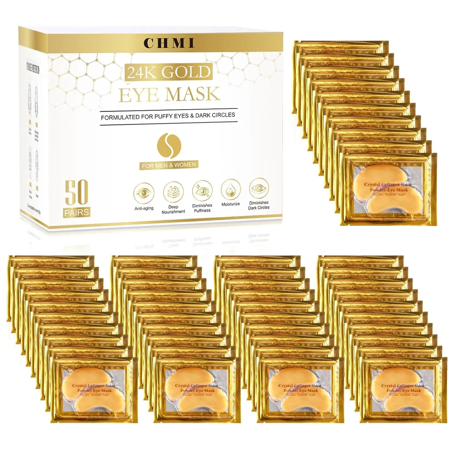 

24K Gold Under Eye Patches 50 Pairs - Reduce Puffiness, Dark Circles & Wrinkles, Collagen Infused