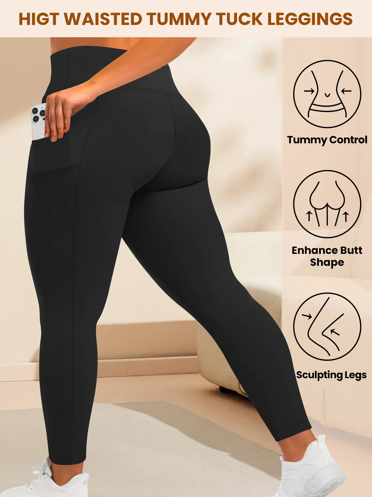 Damen-Yogahose mit hoher Taille, Übergröße, Po-Lifting-Workout-Leggings mit Taschen, elastische Activewear für Fitnessstudio und Laufen – Detail 9