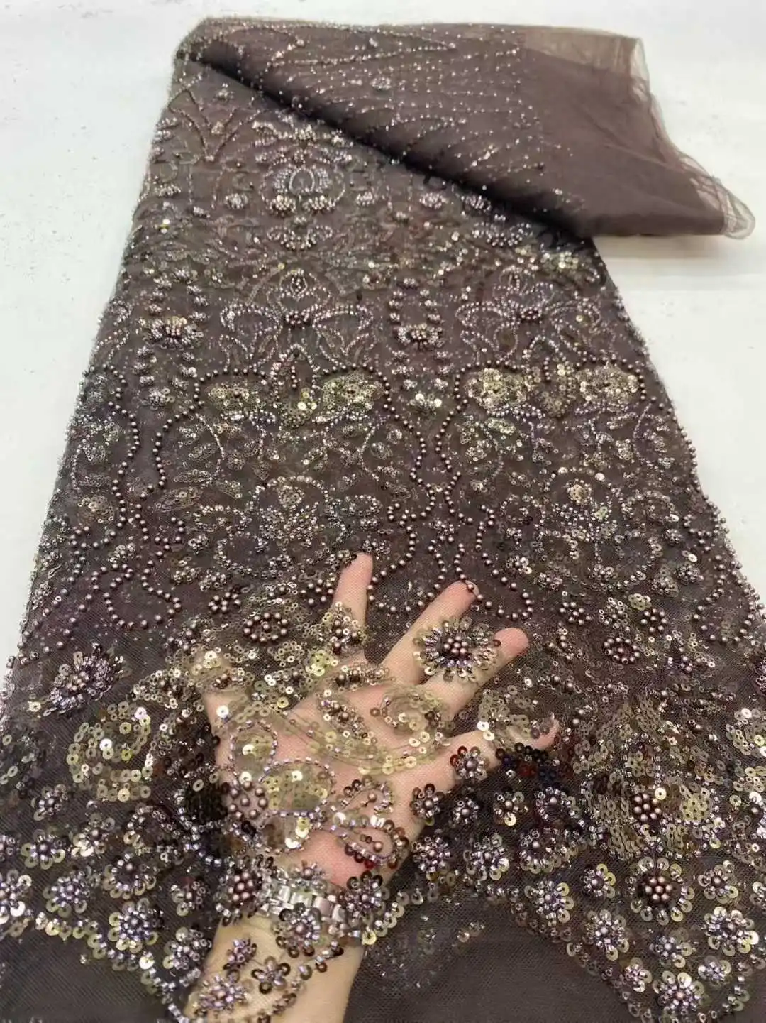 نسيج الدانتيل الأفريقي 2026 الترتر مطرز التطريز العريس النيجيري الزفاف عالية الجودة الفرنسية تول أقمشة الدانتيل لحفل الزفاف S1773 #5