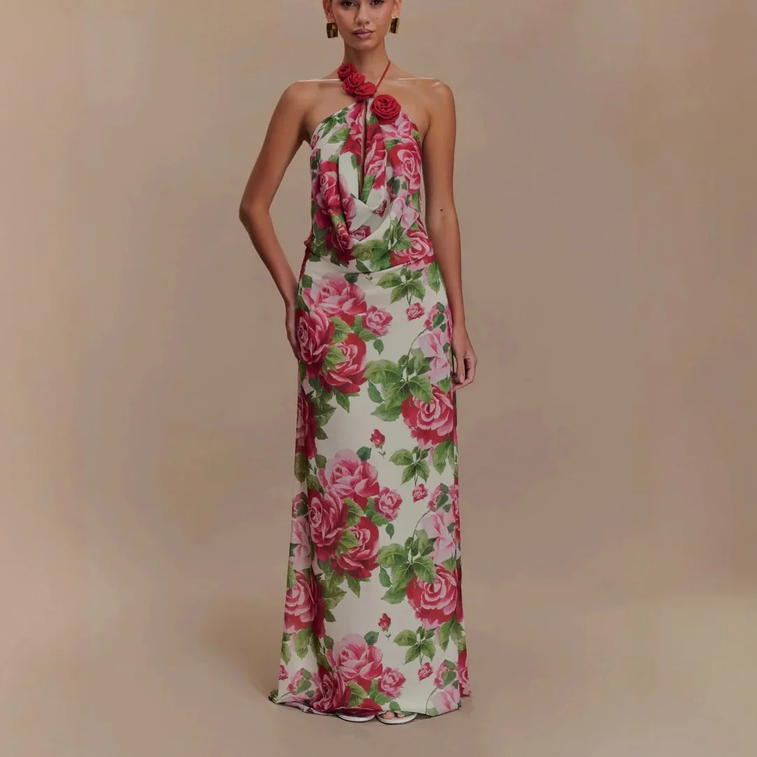 Elegancka długa sukienka maxi z kwiatowym nadrukiem, na ramiączkach, bez rękawów, z odkrytymi plecami, czerwona, damska, idealna na lato 2025, na wieczorne przyjęcia, do kurortu, na plażę, nowość.
