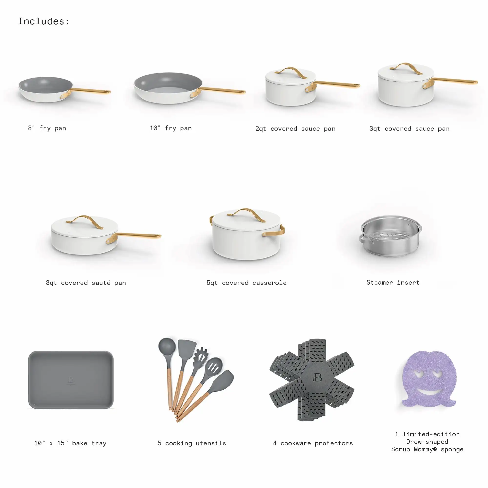 22pc Cookware Set White Icing Durable Construction for Fast and Even Heating Sleek Design with Gold Pressed