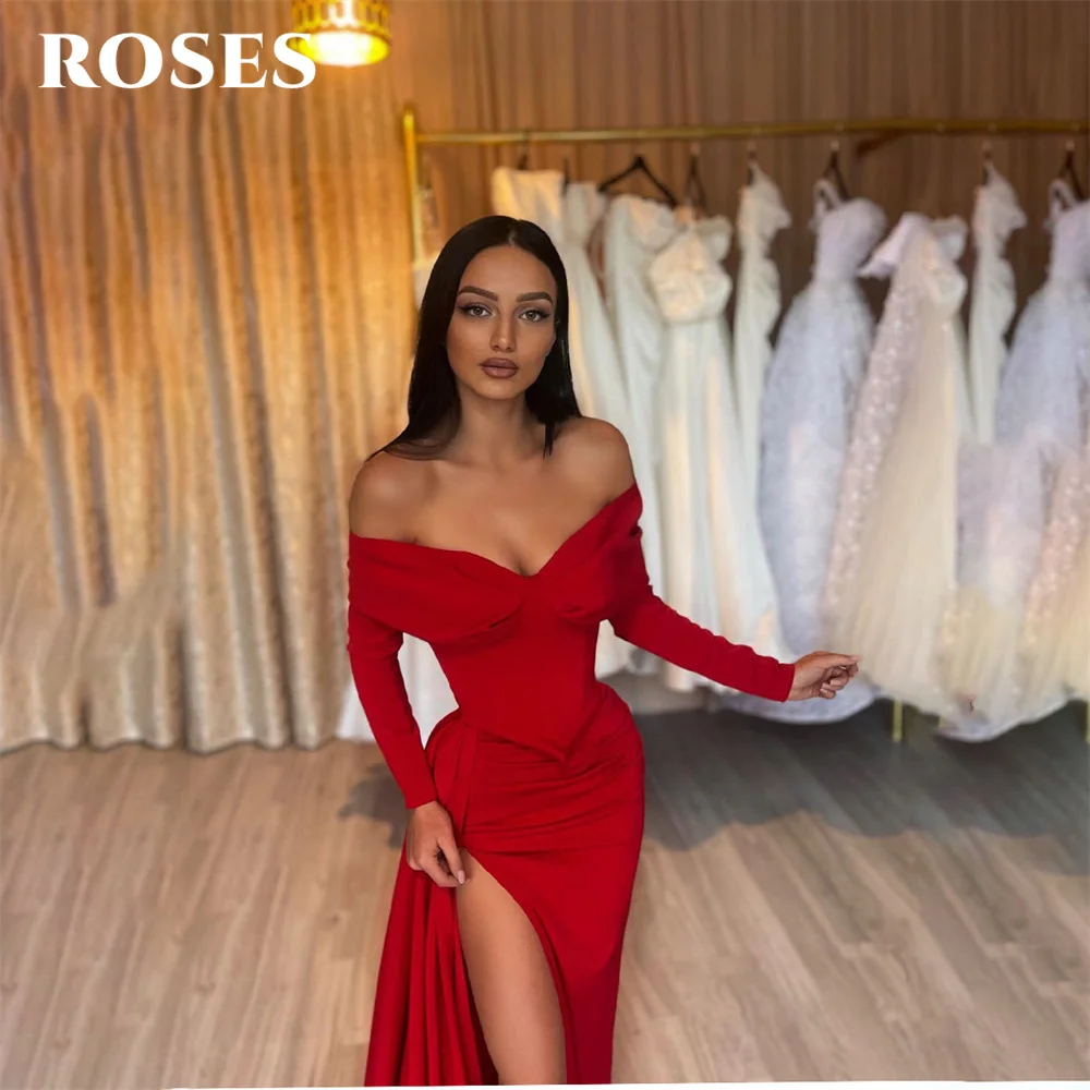 ROSES Red Stain Elegant Sexy Wedding Party Dress Full Sleeves Celebrity Dress Side Split Special Occasion Dresses robes du soir