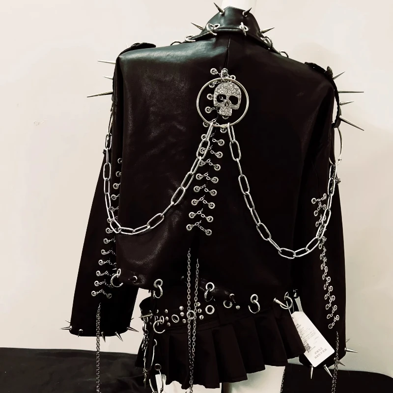Original Design Punk Rock Sweet Cool Women's Clothing Coat 2025 Autumn New Gothic Heavy Rivet Chain Unisex Black Leather Jacket