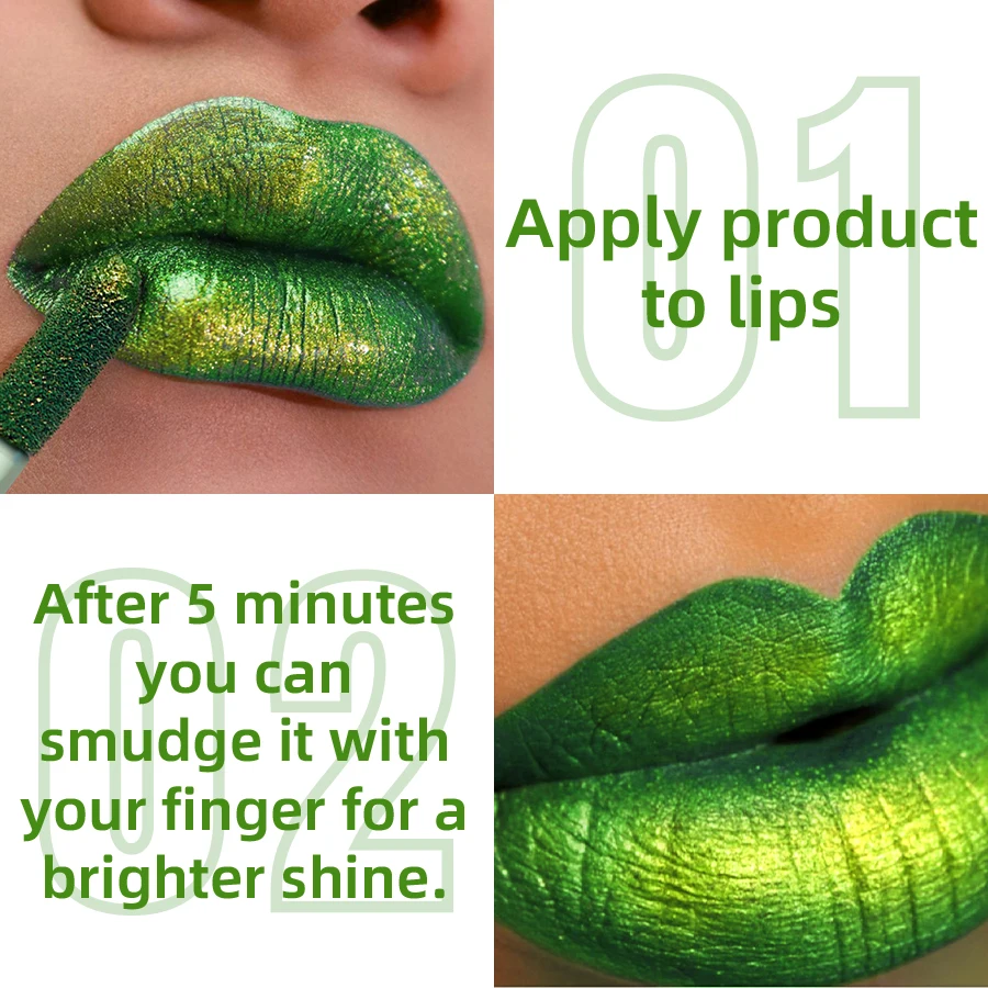 1PC Green Glitter Lip Glaze Waterproof Long Lasting Lip Gloss Bold&Intense Metallic Liquid Lipstick Pearlescent Lip Tint Makeup