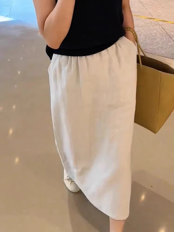 الكتان القطن عادية فضفاض المرأة تنورة عالية الخصر ألف خط التنانير الطويلة الصيف Faion خمر Sle با سبليت التنانير