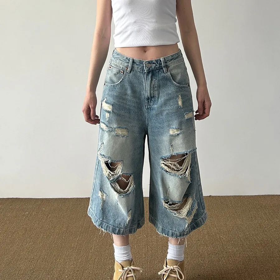 New Fashion Vintage Women Light Blue Hole Patched Simple Loose Fit Wide Leg Ankle Length Jeans Pants Female Wash Denim Trousers