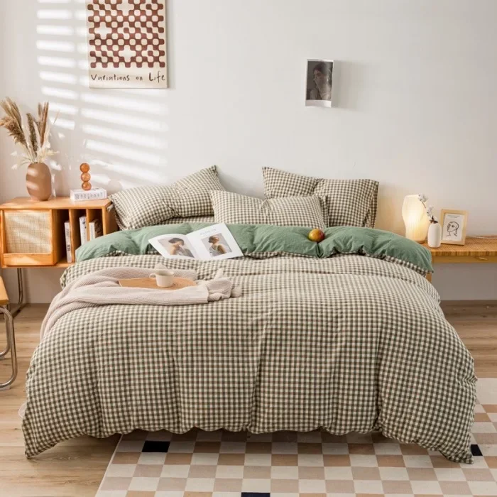 

Class A unprinted cotton yarn-dyed washed cotton lattice four-piece set simple manufacturer supply bedding pure cotton quilt