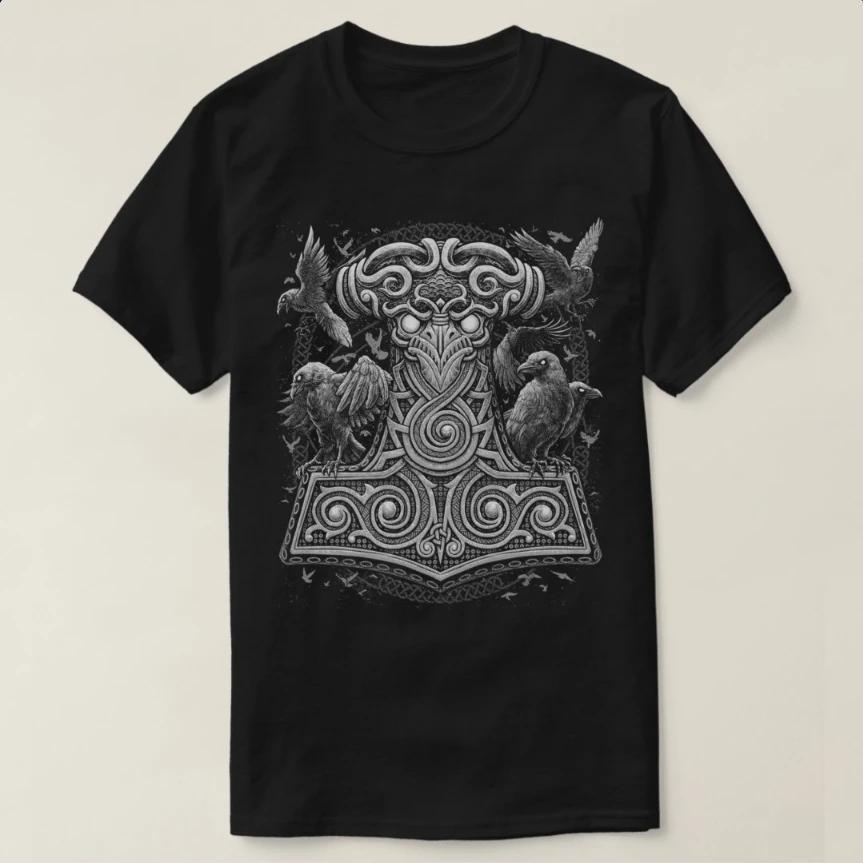 Norse Myth Odin Ravens Mjolnir Amulet Thor Hammer T-Shirt 100% Cotton O-Neck Short Sleeve Summer Casual Mens T-shirt Size S-3XL