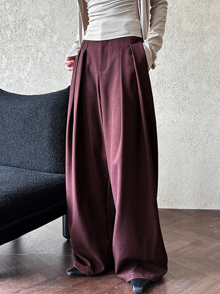 CHICEVER Casual Pleated Trousers Women High Waist Spliced Zipper Loose Minimalism Pleated Floor Length Wide Leg Pants Female New